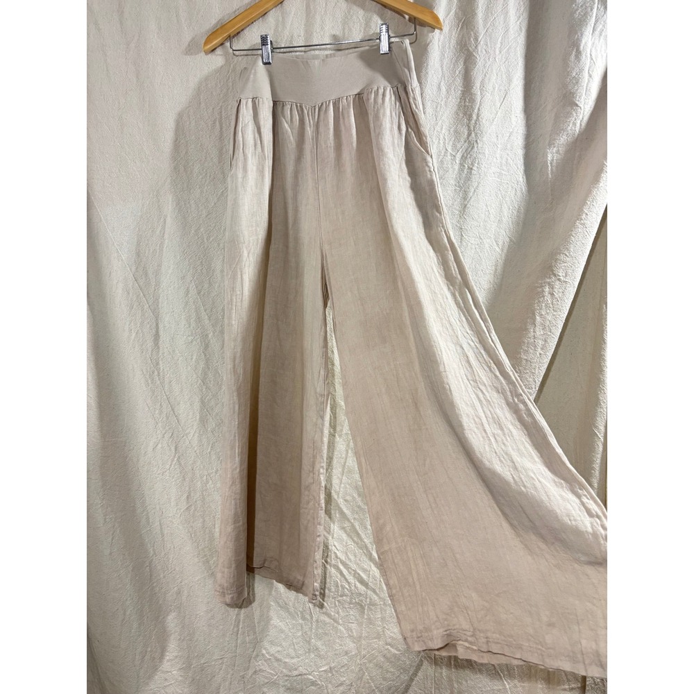 Gigi Moda Italy Beige 100% Linen Wide Leg Pants Lightweight Semi Sheer Large